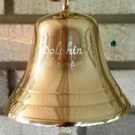 Dolphin_Bell-2a-engraved 6 inch dolphin bell engraved at Robin's Dockside Shop